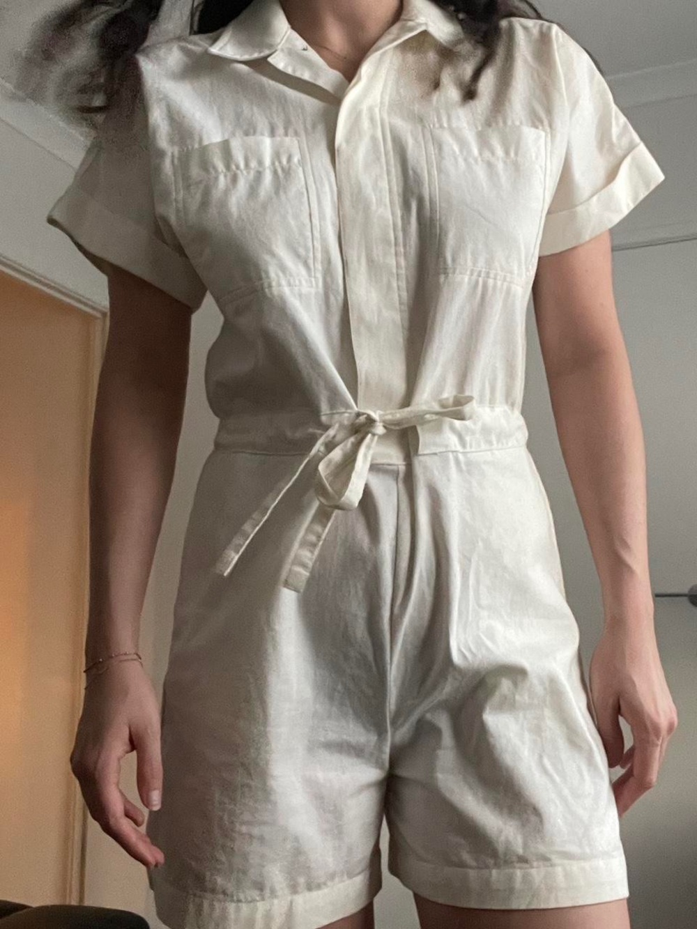 H&M Cream Safari Short-Sleeve Utility Romper with Tie Waist